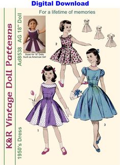 KRVP-Ad8538DD, 18" American Girl, Vintage 1950's Dress PATTERN, Digital Download 1950s Dress Patterns, Childrens Clothing Patterns, 1950's Dress, Vintage Childrens Clothing, American Dolls, Pattern Dress Women, Our Generation Dolls, Baby Clothes Patterns, Vintage 1950s Dresses