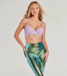 Entice them all with your mystical aura as a mermaid this Halloween in this shimmering bra top! It features a sweetheart neckline with a structured and padded bust for support, adjustable spaghetti straps for a customized fit, rhinestone embellishments on the straps, and cascading rhinestone and faux pearl draped trim for that gorgeous mermaid look. Complete your costume with the matching foiled flare pants, heels, and the perfect shell bag!Fit & FeaturesSheer mesh fabric with lined bust, mi Mermaid Top Costume, Mermaid Costume Women, Mystical Mermaid, Orange Homecoming Dresses, Mermaid Look, Backless Dress Short, Purple Homecoming Dress, Green Homecoming Dresses, White Homecoming Dresses