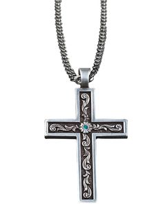 Lobster clasp closure Silver-toned cross pendant with tooled inlay and aqua center stone Mens Tools, Wood Bridge, Boots For Sale, Boot Shop, Link Chain, Cross Pendant, Chain Link, Lobster Clasp, Cross Necklace