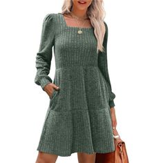 Crafted From A Blend Of 25% Rayon, 70% Polyester, And 5% Spandex, This Tunic Dress Offers A Stretchy, Lightweight, And Soft Feel. It Features A Flattering Square Neck, Babydoll Style, And Lantern Sleeves, Making It A Chic Option For Fall And Winter. The Above-The-Knee Length, Flowy Design, And Relaxed Fit Provide Both Comfort And A Slimming Effect. Material: Soft, Stretchy Fabric Blend For All-Day Comfort. Design: Square Neck, Lantern Sleeves, And Babydoll Silhouette With A Flowy, Flattering Fit Teen Dresses Casual, Long Sleeve Dresses Fall, Womens Knit Sweater, Square Neck Long Sleeve, Dresses Casual Fall, Womens Knit Dresses, Daily Dress, Knit Sweater Dress, Knitting Women