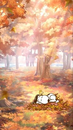 a cartoon dog laying on top of a pile of leaves next to a forest filled with trees