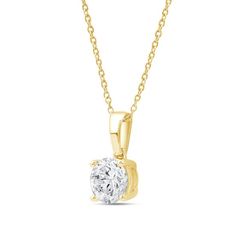 Complete any look in sparkling style with this effortless diamond pendant. Crafted in 14K yellow gold, this lab grown stud earrings showcases a scintillating 1ct  diamond solitaire. Polished to a bright shine, this pendant suspends along an extender cable chain that secures with a lobster clasp. Diamond Solitaire Pendant, Solitaire Pendant Necklace, Solitaire Pendant, 1 Carat, Diamond Gemstone, Diamond Solitaire, Gold Material, Gemstone Colors, Cable Chain