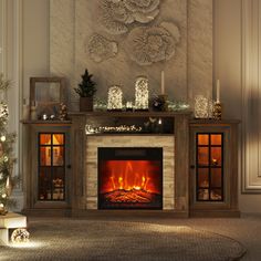 a living room with a fire place and christmas decorations