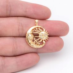 Cubic zirconia paved, real gold plated on brass, color not easily tarnish, lead nickel free. Size: 25x20mm, hole size 2mm approx. (see Pic 2) Quantity: 4pcs Material: 18K real gold plated brass, cubic zirconia ❤ More gold plated brass items here: ❤ https://www.etsy.com/shop/Nbeads?search_query=GB ❤ More metal findings(brass, silver, alloy etc.) here: ❤ https://www.etsy.com/shop/Nbeads?section_id=6656259 Celestial Gold Jewelry With Cubic Zirconia, Gold Moon-shaped Jewelry With Cubic Zirconia, Moon Shaped Gold Cubic Zirconia Jewelry, Gold Moon-shaped Cubic Zirconia Jewelry, Brass Items, Moon Charm, Sun And Moon, Brass Color, Real Gold