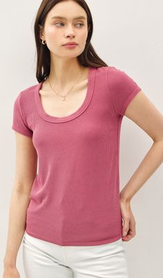 * LIGHTWEIGHT * ULTRA SOFT * RIBBED * KNIT TEE * T-SHIRT * SHORT SLEEVES * SCOOP NECK * BABY TEE * SLIM FIT * HIP LENGTH * STRETCH * SUMMER FALL * BASIC ESSENTIAL * CASUAL CLASSIC 92%RAYON 8%SPAN Ribbed Short Sleeve Top For Everyday Summer Wear, Relaxed Fit Ribbed Scoop Neck Top, Ribbed Scoop Neck Top With Relaxed Fit, Scoop Neck T-shirt For Loungewear In Spring, Basic Ribbed Short Sleeve Top, Pink Ribbed Stretch T-shirt, Trendy Scoop Neck T-shirt For Loungewear, Casual Solid Ribbed Short Sleeve Top, Pink Ribbed Crew Neck T-shirt