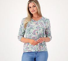 This printed V-neck? Heavenly. Match this gorgeous top with jeans and those comfy canvas sneaks for a look that's so casually chic we (almost) won't be able to stand it. From Denim & Co.® Fashions. Cotton Top With 3/4 Sleeves For Spring, Casual 3/4 Sleeve Tops For Everyday, Spring 3/4 Sleeve Tops For Casual Gatherings, Spring Casual Gatherings Tops With 3/4 Sleeves, Spring Tops For Casual Gatherings With 3/4 Sleeves, 3/4 Sleeve Tops For Casual Spring Gatherings, 3/4 Sleeve Tops For Spring Casual Gatherings, Printed Cotton Tops With 3/4 Sleeves, Cotton Printed Tops With 3/4 Sleeves