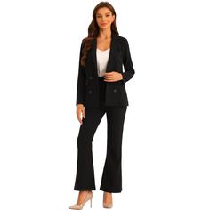 This casual work pants outfit is made up of several design points: Notched Lapel, Shoulder Pads, Long Sleeves, Double-Breasted, Pockets for Blazer, Elastic Back Pants, Zipper Up with Button Closure, Two Pockets for Pants. Classic and sophisticated, this business work suit set for women is the perfect addition to your professional wardrobe. The blazer features a timeless design with a single button closure and pockets, adding a touch of elegance to your office attire. The outfit is easily paired Professional Black Office Sets, Professional Long Sleeve Pantsuit For Work, Professional Long-sleeved Pantsuit For Work, Double-breasted Workwear Sets With Pockets, Black Pantsuit With Pockets For Work, Black Workwear Pantsuit With Pockets, Double-breasted Workwear Sets For Fall, Double-breasted Fall Workwear Sets, Black Office Lady Pantsuit For Workwear