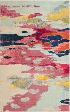 an abstract rug with pink, yellow and blue colors on the bottom half of it