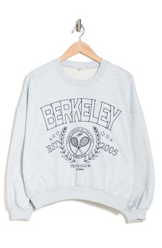 Show off sporty style in this Berkeley Tennis Club pullover sweatshirt constructed from soft fleece in a comfy, oversized fit. 24 1/2" length Crewneck 100% polyester Hand wash, line dry Imported Trendy Long Sleeve Sweats For Sports, Trendy Long Sleeve Sports Sweatshirt, Trendy Long Sleeve Sweatshirt For Sports, Sporty Drop Shoulder Tops For College, Oversized Fleece Sports Top, Oversized Fleece Sweatshirt For Sports, Oversized Athleisure Sweatshirt For Sports, Trendy Relaxed Fit Sweats For Sports, Sporty Fleece Sweatshirt With Drop Shoulder