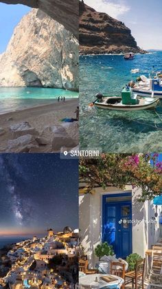 there are four pictures that show different places in the world, including mountains and boats