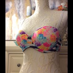 This Colorful Bra Is Nwot. It Has Bright Pretty Flowers And Navy And White Stripes. It Comes With White Removable Straps. Pink Strapless Bra With Padded Cups, Multicolor Padded Underwire Bra, Multicolor Underwire Bra With Padded Cups, Floral Print Underwire Bra For Beach, Multicolor Push-up Bra For Summer, Floral Print Underwire Bra, Spring Beach Push-up Bra, Spring Floral Print Multicolor Bra, Pink Floral Print Beach Bra