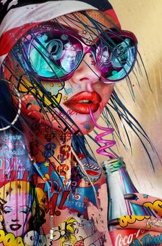 a painting of a woman wearing sunglasses and holding a soda in front of her face