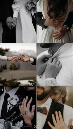 a collage of photos with hands and wedding rings