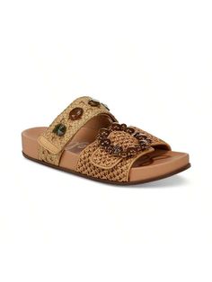 Beachy weaving and bold beading bring splashy style to Sam Edelman's Regan flat sandals. Pair them with anything from daytime athleisure looks to evening wear. 
Heel: 1-3/8" 
Round toe 
Slip on 
Cushioned insole; manmade outsole 
Beaded buckle with logo trim; beaded instep strap 
Runs true to size; order your normal size 
Upper: fabric; lining: manmade 
Imported 
Women's Regan Embellished Woven Footbed Sandals Toffee     Plain,Tropical    Women Shoes, size features are:Bust: ,Length: ,Sleeve Len Embellished Summer Beach Sandals, Bohemian Sandals With Buckle Closure For Summer, Bohemian Sandals With Buckle Closure For Spring, Beaded Open Toe Synthetic Sandals, Spring Bohemian Sandals With Buckle Closure, Beaded Synthetic Open Toe Sandals, Summer Beaded Synthetic Sandals, Casual Embellished Sandals For Beach Season, Flat Synthetic Sandals With Beaded Details