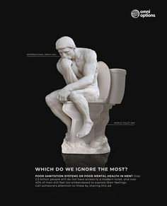 a white statue sitting on top of a toilet with the words which do we ignore the most?