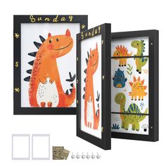 two children's framed artwork pieces with dinosaurs on them