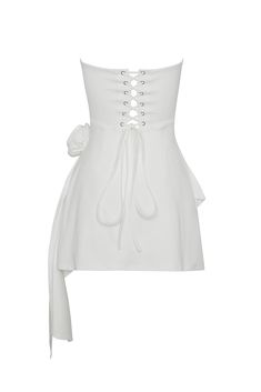 Rosette Strapless Mini Dress - White Chic Backless Mini Dress With Corset Back, Mini Dress With Corset Back, White Fitted Mini Dress With Lace-up Back, White Corset Dress For Summer Night Out, White Mini Corset Dress For Evening, White Summer Corset Dress For Night Out, Fitted Strapless Mini Dress With Lace-up Back, White Bodycon Corset Dress For Summer, Sleeveless Spring Bodycon Dress With Lace-up Back