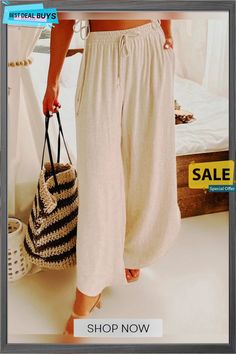 Solid Color Casual Cotton Linen Loose Trousers Casual Ankle-length Wide Leg Pants For Summer, Chic Solid Color Pants For Beach, Casual Summer Ankle-length Wide Leg Pants, Chic Solid Color Beach Pants, Chic Wide Leg Pants In Solid Color For Vacation, Chic Solid Color Wide Leg Pants For Vacation, Chic Solid Color Bottoms For Vacation, Beige Solid Color Bottoms For Vacation, Solid Color Beige Bottoms For Vacation