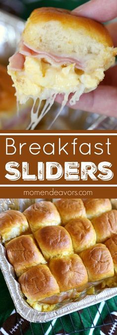 breakfast sliders with ham and cheese on them are being held up in the air