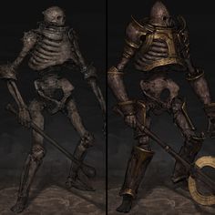 two renderings of the same skeleton in different poses, one standing and one kneeling