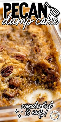 pecan clump cake with whipped cream and pecans in the bottom layer is shown