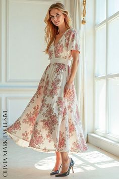 Olivia Mark - Elegant Floral Midi Dress with Waist Cinch - A Classic and Feminine Fashion Statement Feminine Fashion, Pink Floral Pattern, Summer Breeze, Elegant Floral, Floral Midi Dress, Cinched Waist, Olivia Mark, Feminine Style, Elegant Dresses