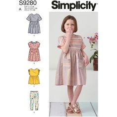 "Find the Simplicity® Pattern CS9280 (3-4-5-6-7-8) at Michaels. Children's knee-length Dresses A, B and Top C have round neck, all-in-one sleeves, elbow or short length and pocket and collar details; knit Leggings D. Simplicity Pattern CS9280 Children's Dresses, Top and Leggings (3-4-5-6-7-8) Children's knee-length Dresses A, B and Top C have round neck, all-in-one sleeves, elbow or short length and pocket and collar details; knit Leggings D. Includes child sizes 3 to 8. Not suitable for sleepwa Children's Dresses, Collar Details, Kids Sportswear, Girl Dress Pattern, Sewing Patterns Girls, Sewing Patterns For Kids, Childrens Dress, Simplicity Sewing, Knit Leggings