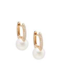 From The Radiant Value Collection. Effy's Radiant Value Earrings Are Cast From 14-Karat Yellow Gold With Round Freshwater Pearls And Diamond Accents. Diamond, 0.22 Tcw Round Freshwater Pearl, 5mm Diamond Color: Hi Diamond Clarity: I1 Undefined Elegant White Huggie Earrings With Diamond Accents, Luxury Hoop Earrings With Pearl Drop, Elegant White Diamond Huggie Earrings, Elegant 14k Gold Huggie Pearl Earrings, Elegant Yellow Gold Huggie Earrings With Pave Setting, Formal Huggie Jewelry With Pave Setting, Formal Huggie Earrings With Pave Setting, White Elegant Huggie Earrings For Formal Occasions, Elegant White Huggie Earrings For Formal Occasions