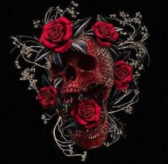 a skull with red roses on it's head