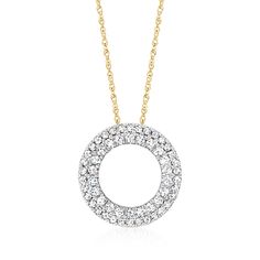 Ross-Simons - .50ct t. w. Diamond Eternity Circle Pendant Necklace in 18kt Yellow Gold. 20". Shimmering in two endless loops, .50 ct. t. w. round brilliant-cut diamonds offer double the dazzle in this timeless eternity circle pendant necklace. Finely crafted in polished 18kt yellow gold and suspended from a classic rope chain. Springring clasp, diamond eternity circle pendant necklace. Diamond birthstones are the perfect gift for April birthdays. Pendant Necklace Diamond, Diamond Birthstone, Circle Pendant Necklace, Circle Diamond, Fine Jewelery, Diamond Eternity, Fine Jewellery Necklace, Circle Pendant, Rope Chain