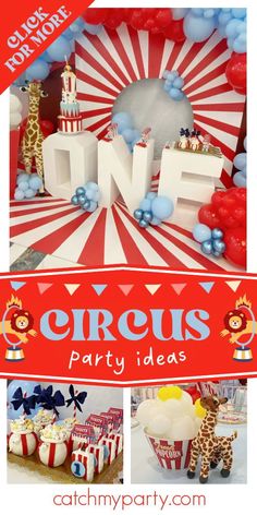 circus themed birthday party with red, white and blue decorations