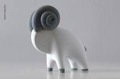 a white and gray sculpture with a snail on it's back end, against a grey background