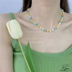 Bjux - Collar de cuentas de cristal de piedra verde dulce esmaltado collar de cadena de la clavícula de la flor Spring White Clavicle Chain Necklace, Spring White Clavicle Chain Jewelry, Trendy Flower Shaped Jewelry With Colorful Beads, Trendy Flower-shaped Jewelry With Colorful Beads, Cute Colorful Beads Necklaces For Spring, Dainty Beaded Necklaces For Spring, Cute Colorful Beaded Necklaces For Spring, Dainty Flower-shaped Necklace For Spring, Dainty Spring Necklace With Round Beads