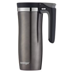 the contigo travel mug is made from stainless steel and features a black handle