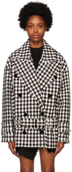 Black & White Frayed Peacoat by Balmain on Sale Spring Wool Outerwear With Houndstooth Pattern, Spring Tweed Outerwear With Double-breasted Button, Spring Double-breasted Tweed Outerwear, Spring Houndstooth Double-breasted Outerwear, Red Bottom Shoes, Cinch Belt, Tweed Coat, Houndstooth Pattern, Red Bottoms