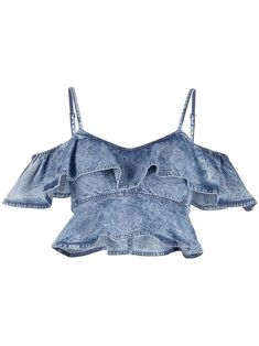 blue-grey cotton denim stonewashed cold-shoulder design ruffled detailing spaghetti straps rear zip fastening cropped Denim Top Women, Denim Diy, Isabel Marant Etoile, Swimsuit Dress, Shoulder Design, Cotton Top, Denim Outfit, Grey Cotton, Blue Blouse