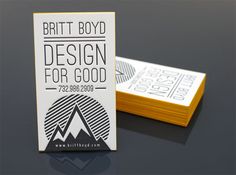 a business card with the words britt boyd design for good on it and an image of a mountain