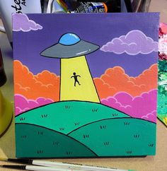 an acrylic painting of a person walking under a flying saucer in the sky