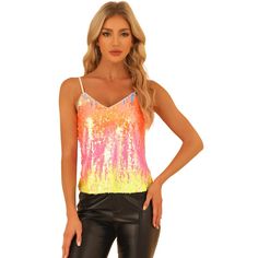 A classic cami that's elevated by modern embellished detailing. Sequins are the main feature of this sleeveless wardrobe. A simple vest is given a striking update with a sequin overlay, with a V-front for a flattering shape which is perfect to pair with the coordinating sequin skirt for a festive ensemble or on its own with trousers and heeled boots. Perfect for adding sparkles to this season, complete the look with leather leggings and a matching jacket. Except for gold, the tops of other color Trendy Fall Cami Tank Top, Glamorous Camisole Top For Party Season, Trendy Sleeveless Tops For Party Season, Trendy Camisole Top For Party, Glamorous Tank Top For Party Season, Sequin Cami Tops For Party Season, Sequin Camisole Tops For Night Out, Glamorous Sequined Spaghetti Strap Tops, Cami Tank Top For Party Season Night Out