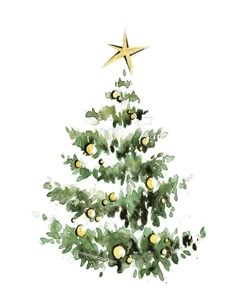 a watercolor painting of a green christmas tree with gold ornaments and a star on top