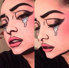 Supercool comic book makeup by Pritylipstix using Sugarpill. Awesome!! http://instagram.com/p/nenHAbxROD Costume Makeup Tutorial, Pop Art Costume, Cartoon Makeup