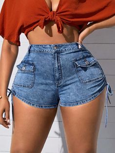 Summer Drawstring Denim Jeans, Summer Denim Jeans With Drawstring, High Waist Denim Bottoms With Drawstring, Mid-rise Denim Bottoms With Drawstring, Trendy Denim Blue Drawstring Bottoms, Trendy Denim Blue Bottoms With Drawstring, Sports Equipment, Fashion Online Shop, Online Fashion