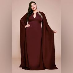 Nox Cape-Sleeves Crepe Gown - Plus Size In Hibiscus/Gold Feel Regal In This Elegant Crepe Keyhole Gown. Featuring Statement-Making Metallic Side Embroidery With Long Cape Sleeves Will Have You Feeling Like A Queen. Approx. Length From High Point Shoulder To Hem Is 61 1/2"" Measurements Are Taken Long Cape, Tadashi Shoji Dresses, Crepe Gown, Gown Plus Size, Cape Sleeves, Tadashi Shoji, High Point, Hibiscus, Gold Color