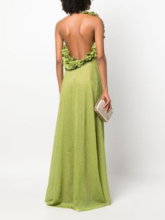 This Rayane Bacha dress features a halter neckline, sleeveless design, open back, and a metallic finish. The dress is made from a flowing fabric and has a ruched detailing on one shoulder. The dress has a round neck and a flared silhouette. All Green Outfit, Bronx And Banco Dresses, Chartreuse Dress, Bronx And Banco, Classy Summer Outfits, Guest Attire, Color Crush, Guest Dress, Dresses 2024