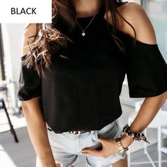 off shoulder short sleeve plus size fashion solid loose spring summer shirt In Sign, Casual Top, Fashion Tees, Summer Shirts, Koala, Casual Tops, Plus Size Fashion, Black Shirt, Cold Shoulder