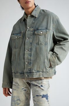 A faded wash and light distressing bring an instant lived-in look to this trucker jacket crafted in an oversized fit from nonstretch denim. 26" length (size XX-Small/X-Small) Front button closure Spread collar Button cuffs Chest button-flap patch pockets; front welt pockets Adjustable button side tabs 100% cotton Machine wash, tumble dry Made in Italy Designer Clothing Relaxed Fit Acid Wash Outerwear, Faded Relaxed Fit Denim Jacket For Spring, Spring Faded Relaxed Fit Denim Jacket, Relaxed Fit Faded Washed Outerwear, Urban Style Faded Washed Outerwear, Urban Style Washed Faded Outerwear, Acid Wash Relaxed Fit Denim Jacket, Urban Faded Washed Outerwear, Relaxed Fit Medium Wash Denim Jacket