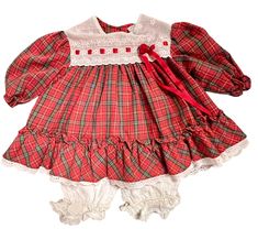 This is a beautiful Vintage Christmas baby dress with bloomers. This dress red and greenplaid with white eyelet trim. Two button closure on the back. This dress would be perfect for Christmas, Church, or any special winter event. Anytime you want to show off your beautiful baby would be a time to wear this wonderful item. *email me if you need measurements Green Plaid Dress, Christmas Dress Baby, Christmas Church, Winter Event, White Eyelet, Green Plaid, Plaid Dress, Christmas Baby