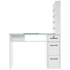 a white desk with glass shelves and drawers