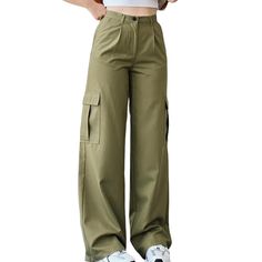 Green Mid-waist Pocket Overalls Casual Pant Full-length Khaki Bottoms With Cargo Pockets, Khaki Full Length Jeans With Pockets, Full Length Khaki Jeans With Pockets, High Waist Green Parachute Pants With Multiple Pockets, Green High Waist Parachute Pants With Side Pockets, Green High-waisted Cargo Pants, High-waisted Green Cargo Pants With Pockets, High-waisted Cargo Jeans For Fall, Green High Waist Baggy Cargo Pants