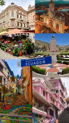 several different pictures of buildings and street signs